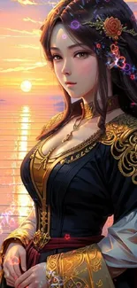 Regal fantasy woman against a sunset backdrop, showcasing elegance and mystique.