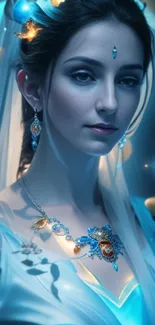 Elegant woman in fantasy attire with glowing cyan background.