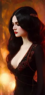 Elegant portrait of a fantasy woman with black hair and glowing orange background.