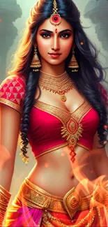 Fantasy woman in ornate red attire with mystical background.