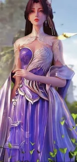 Fantasy woman in purple gown amidst nature.