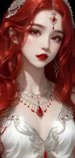 Elegant woman with red hair and intricate jewelry in a fantasy style artwork.