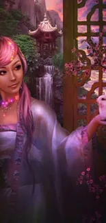 Fantasy woman with pink hair and rabbit.