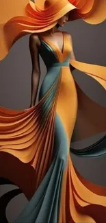 Artistic depiction of a woman in a flowing, colorful dress with an elegant design.