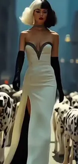 Woman in elegant dress walks with dalmatians in city.