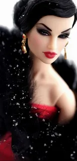 Elegant fashion doll in red dress and black fur wrap.