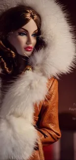 Elegant fashion doll in brown coat with fur hood set in warm tones.