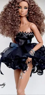 Fashion doll in an elegant black dress with curly hair and stylish accessories.