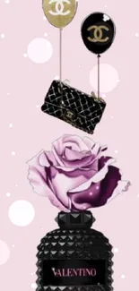 Chic mobile wallpaper with luxury fashion elements on a light pink background.