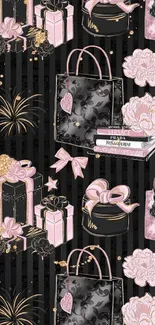 Elegant black and pink fashion-themed mobile wallpaper with gifts and flowers.