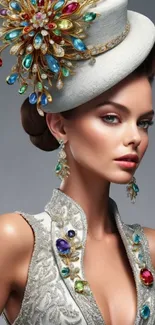 Elegant woman in a stylish hat with colorful accessories. Fashionable mobile wallpaper.