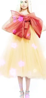 Elegantly styled person in yellow dress with red bow in white background.