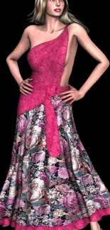 Fashion model in a pink gown on a black background wallpaper.