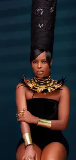 Stunning portrait of an elegant woman in black dress with unique jewelry and hairstyle.