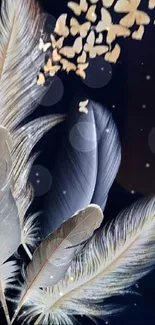 Elegant feathers with butterflies on dark background mobile wallpaper.