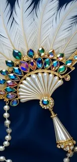 Elegant feather and jewel design on a deep blue backdrop mobile wallpaper.