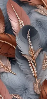 Elegant feathers with pearl accents in copper tones.