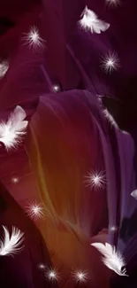 Mystical wallpaper with white feathers and stars on dark purple background.