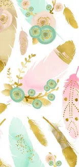 Elegant mobile wallpaper with pastels, feathers, and floral design.