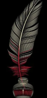 Detailed feather quill and ink design on black background.