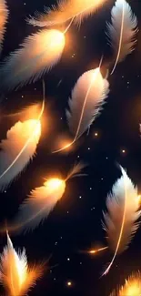 Glowing feathers on dark background, elegant wallpaper design.