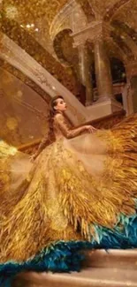 Woman in a gown with golden feathers on a vintage staircase.