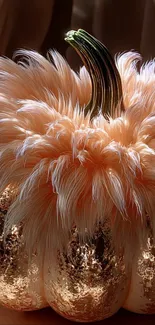 Elegant feathered pumpkin with metallic accents on display.
