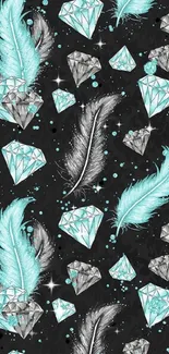 Elegant mobile wallpaper with turquoise feathers and diamonds on a black background.