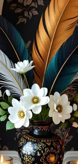 Vibrant feathers and white flowers in a decorative vase.