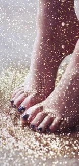 Elegant feet stepping through golden glitter, creating a captivating visual effect.