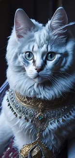 A regal white cat dressed in ornate royal attire.