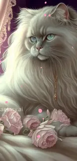 Elegant white cat with pink roses and ornate drapes in fantasy art.