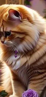 Fluffy cat with purple flower accents and elegant fur.