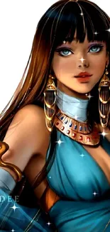 Illustrated woman in turquoise gown with gold jewelry on white background.