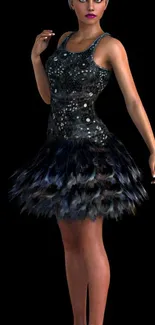 3D-rendered woman in black feathered dress on black background.