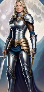 Elegant female knight in armor with a sword under a mystical moonlit sky.