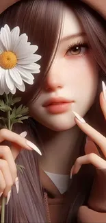 Elegant feminine art with daisy flower and long brown hair.