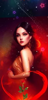 Elegant fantasy wallpaper with red hues featuring a mysterious woman in magical aura.