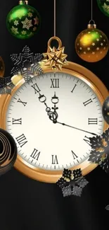 A festive wallpaper featuring a gold clock with holiday ornaments on a black background.