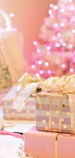 Elegantly wrapped gifts with a pink Christmas tree in the background.