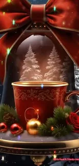 Red cup with festive decorations and ornaments in holiday theme.