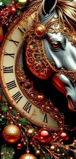 Ornate horse clock with festive decorations