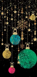 Elegant wallpaper with gold ornaments and colorful baubles on black background.