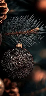 Elegant dark brown ornament on a pine branch.