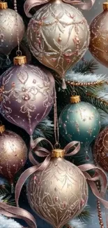 Elegant Christmas ornaments hanging on tree.