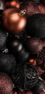 Copper and black festive ornaments on a stunning mobile wallpaper.