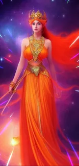 Fiery goddess in orange dress with cosmic backdrop.