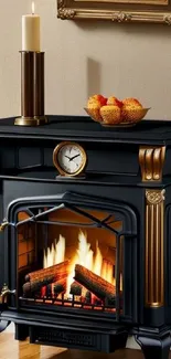 Elegant black fireplace with gold accents and a glowing fire.