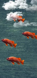 Four orange fish swim against a teal background.