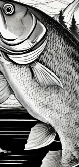 Elegant black and white fish sketch on a nature-themed wallpaper.